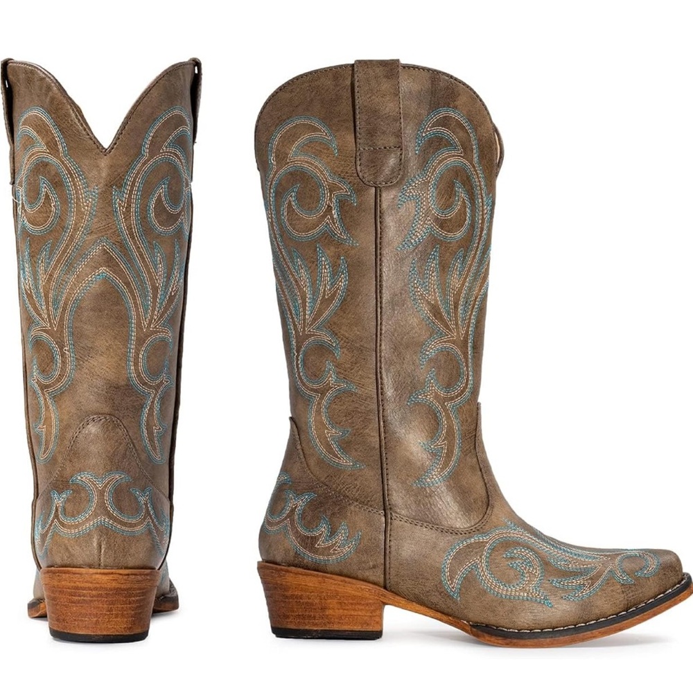 IUV Cowboy Boots For Women Mid Calf Cowgirl Boots Pointy Toe Western Boot